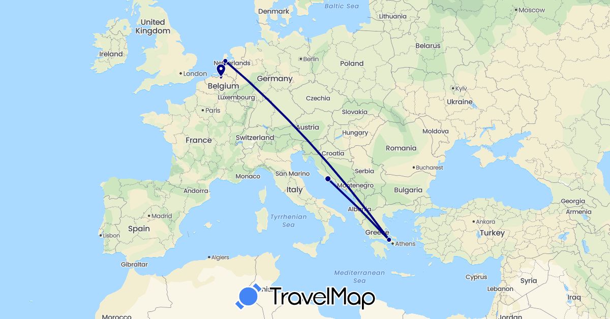 TravelMap itinerary: driving in Belgium, Greece, Croatia, Netherlands (Europe)