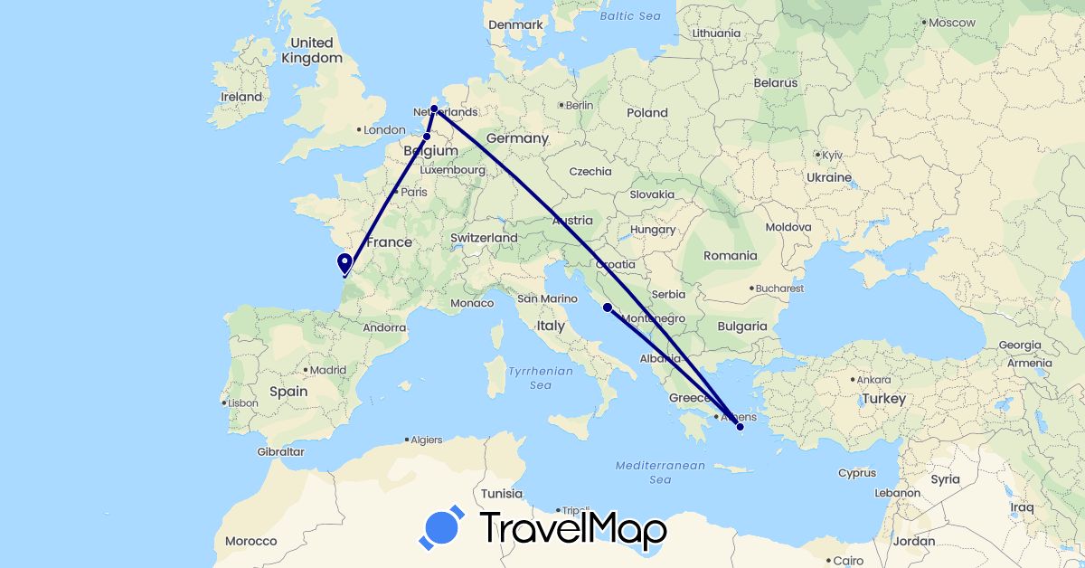 TravelMap itinerary: driving in Belgium, France, Greece, Croatia, Netherlands (Europe)